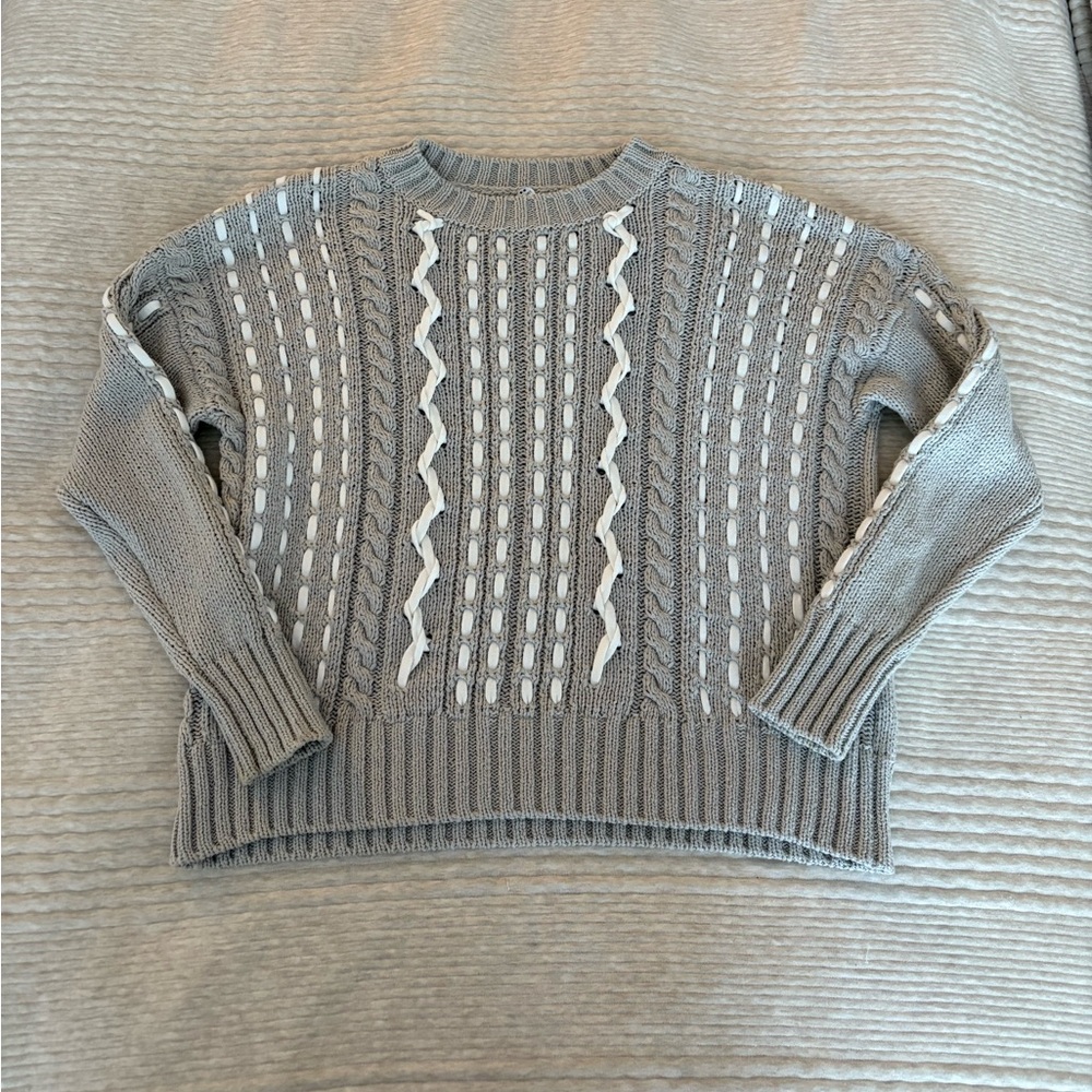 Margaret O’Leary‎ Cable Knit Crew Neck Gray White Statement Sweater Size S